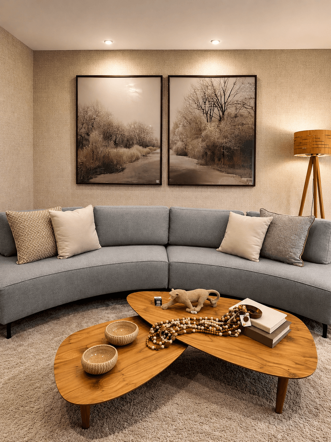 Sala de estar sofisticada com sofá curvo cinza, quadros de árvores e mesa de centro de madeira